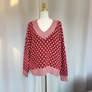 Altar'd State Pink and Red Oversized V-neck Knit Sweater, S